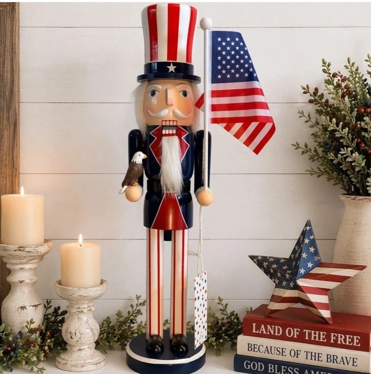 Nutcracker Patriotic 4th July Decor USA Flag Holding Hawk 18 Inch Tall Decor