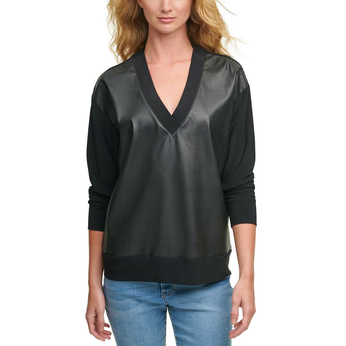 Женская черная блузка с отделкой из искусственной кожи DKNY для холодной погоды L BHFO 7734