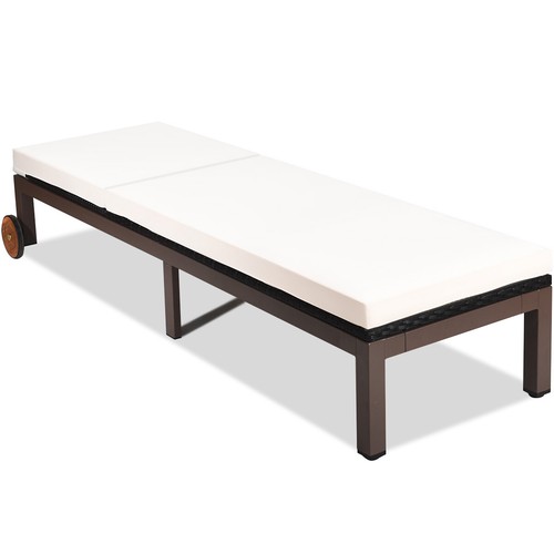 Patio Rattan Lounge Chair Chaise Recliner Back Adjustable Cushioned W/Wheels - Picture 11 of 12
