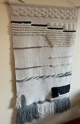 Boho WovenWall Tapestry Hanging Off-White Gray Black Wool/Cotton Blend 28.5 x 53