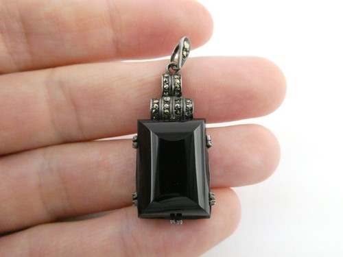 Ciondolo vintage argento sterling onice nera e marcasite 925 lungo 5,4 g 1,5 pollici - Foto 1 di 11