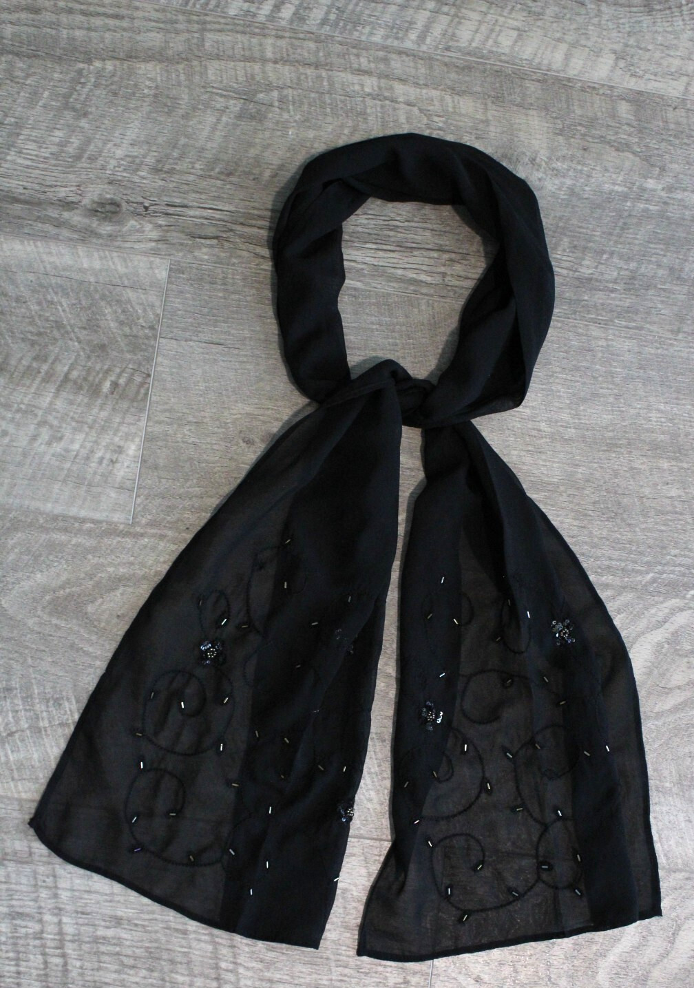 Lightweight Rectangle Scarf Solid Black Beaded Fl… - image 1