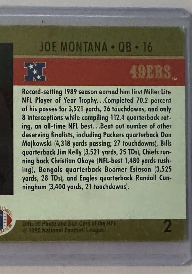 Joe Montana San Francisco 49ers 1990 NFL Pro Set #2 cartão de erro LEIA A DESCRIÇÃO - Imagem 3 de 3