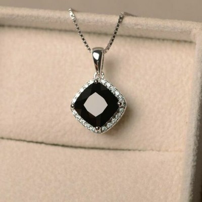 3ct Brilliant Cushion Cut Black Diamond Solitaire Pendant 14k