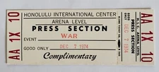 Unused Complimentary Ticket for the group "War" at HIC Arena in Honolulu 1974