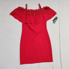 New A. Byer Dress Womens 9 Red Body Con Cold Shoulder Lace Accent