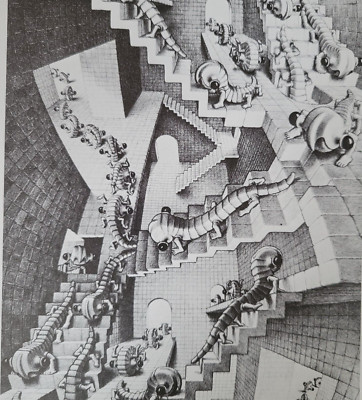 HOUSE OF STAIRS (CURL-UP BUGS Crisscrossing on Stairs) M C Escher 11x7.75'' Print