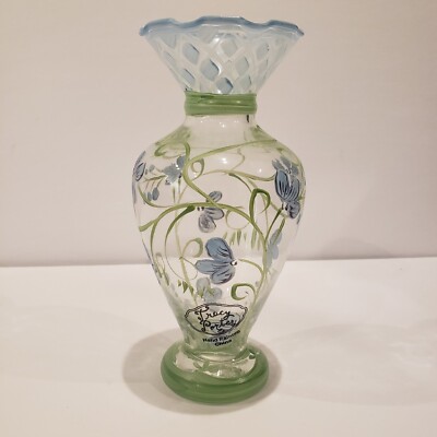 Tracy Porter Hand Painted Floral Glass Vase 6.5'' Blue Green Flowers Ruffle Top