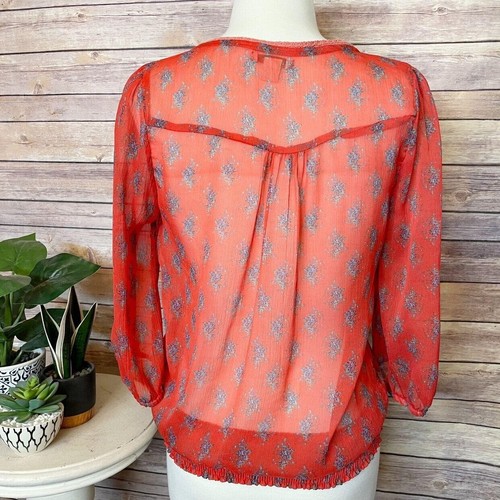 Sfera Lace-panel Chiffon Blouse Womens M Sheer Orange Floral Peasant Top Cottage - Picture 5 of 8