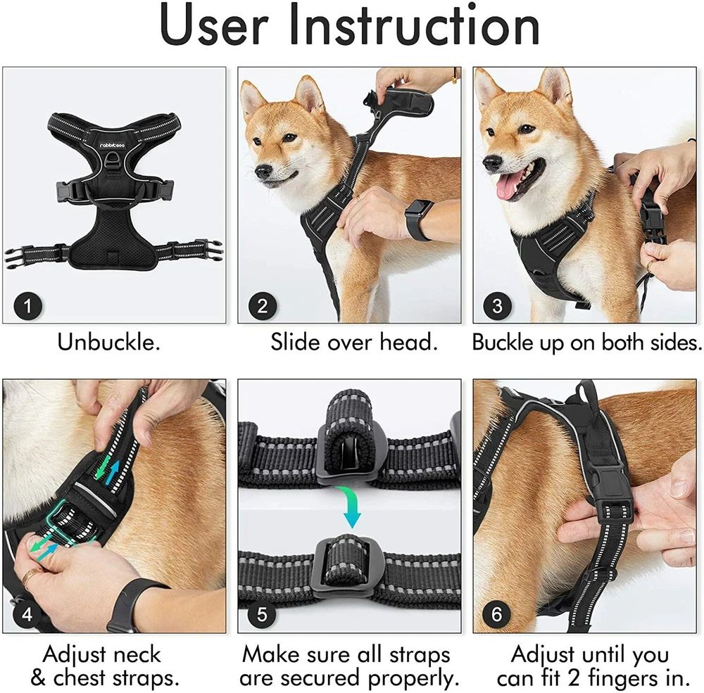 Dog Harness Vest Black Pet Adjustable No Pull Breathable Control Sizes L & XL
