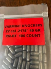 22 CAL 40 GRAIN  SLUG at .2175"  ROUND NOSE BOAT TAIL  FROM VARMINTKNOCKERS