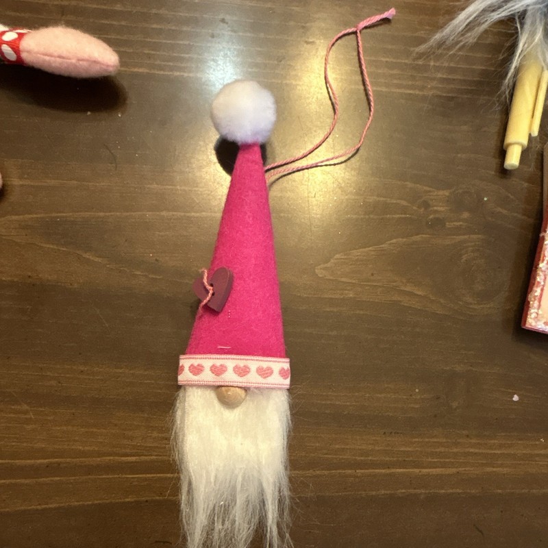 Pink & White Fabric Gnome Christmas Hanging Ornament, Heart Pattern, 1pc