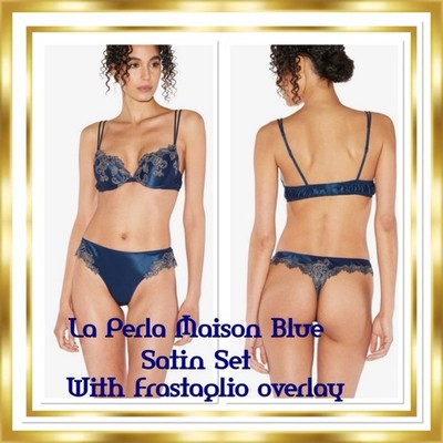 La Perla Maison Satin Navy Blue Frastaglio Ornate Motifs Embroidery SET $650