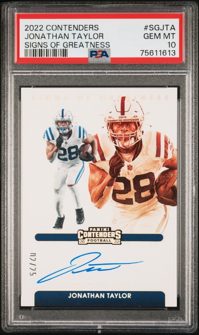2022 PANINI CONTENDERS SIGNS OF GREATNESS AUTO #SGJTA JONATHAN TAYLOR /25 PSA 10