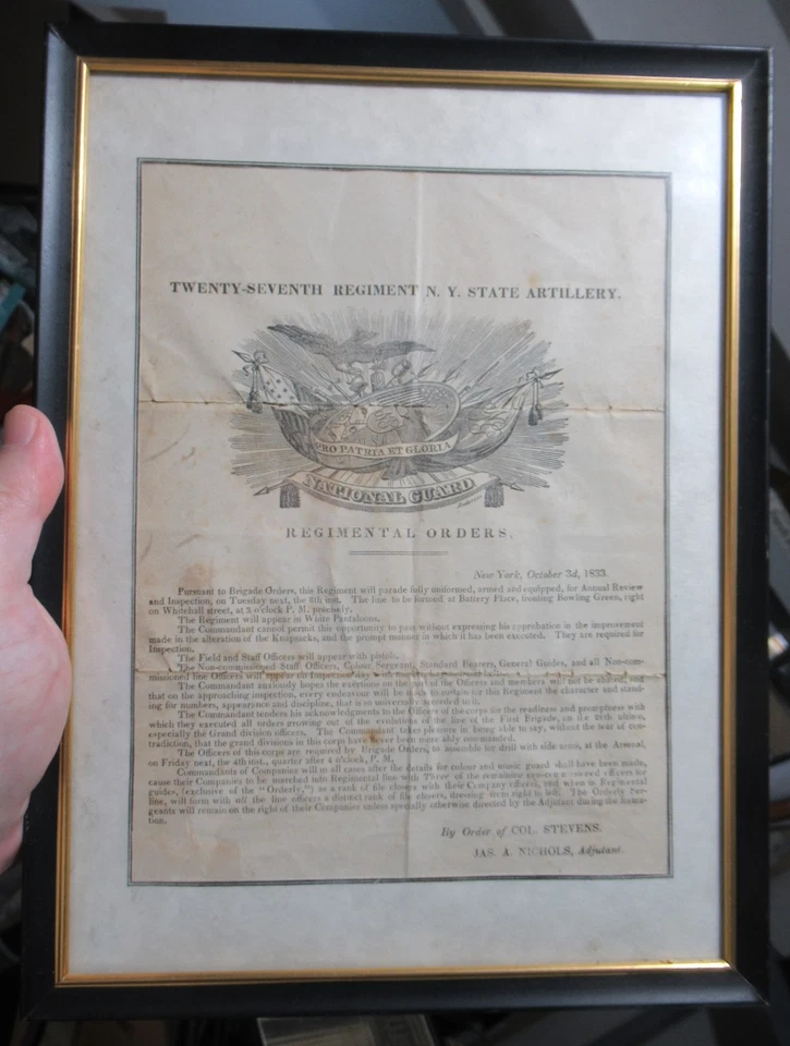 Órdenes del Regimiento de la Milicia de Nueva York de 1833, 27º Regimiento Guardia Nacional Broadside enmarcado Foto 2 de 4