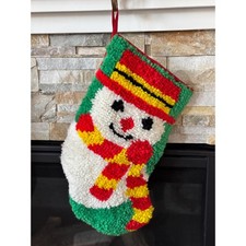 Vintage Latch Hook Christmas Stocking - Snowman Needlepoint Decor