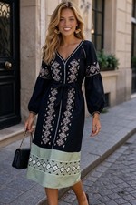 $450 NWT Tory Burch Katya Embroidered Tunic Style Midi Dress Navy Green Size 0
