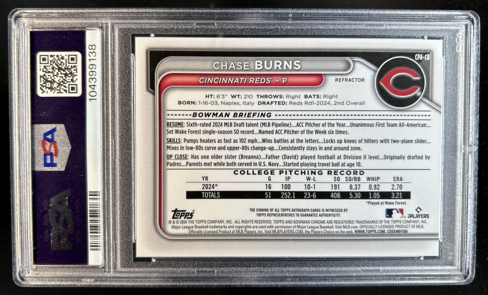 2024 Bowman Draft Chase Burns Chrome Auto Refractor 1st #/499 Reds PSA 10 view 2