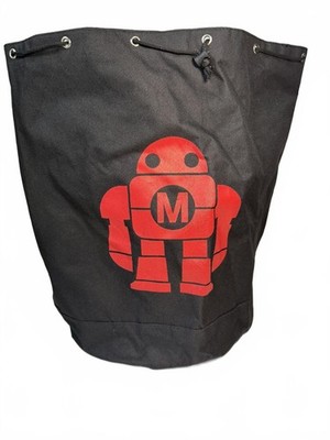 MAKEY Black Canvas Drawstring Backpack with Red Robot Print