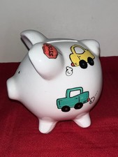 KIDS WHITE CERAMIC TRANSPORTATION THEMED FIGURAL PIGGY BANK W STOPPER 5x4 EUC