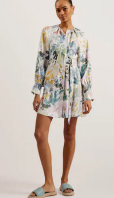 TED BAKER Kleid TB 2 UK 10 Amasya weiß Blumen Knopfleiste D-Ring Wickeloptik NEU