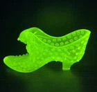 Fenton Hobnail Cat Head Shoe Slipper 6" Topaz Vaseline Uranium Glow Figurine