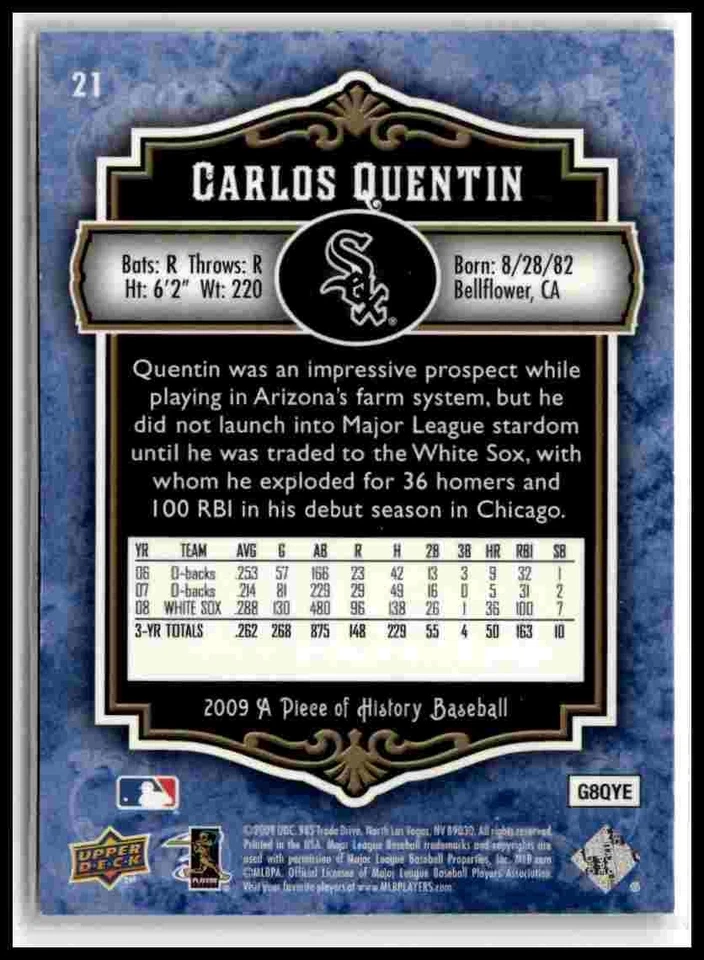 2009 Upper Deck A Piece of History #21 Carlos Quentin Blue #/299 - Image 2 of 2