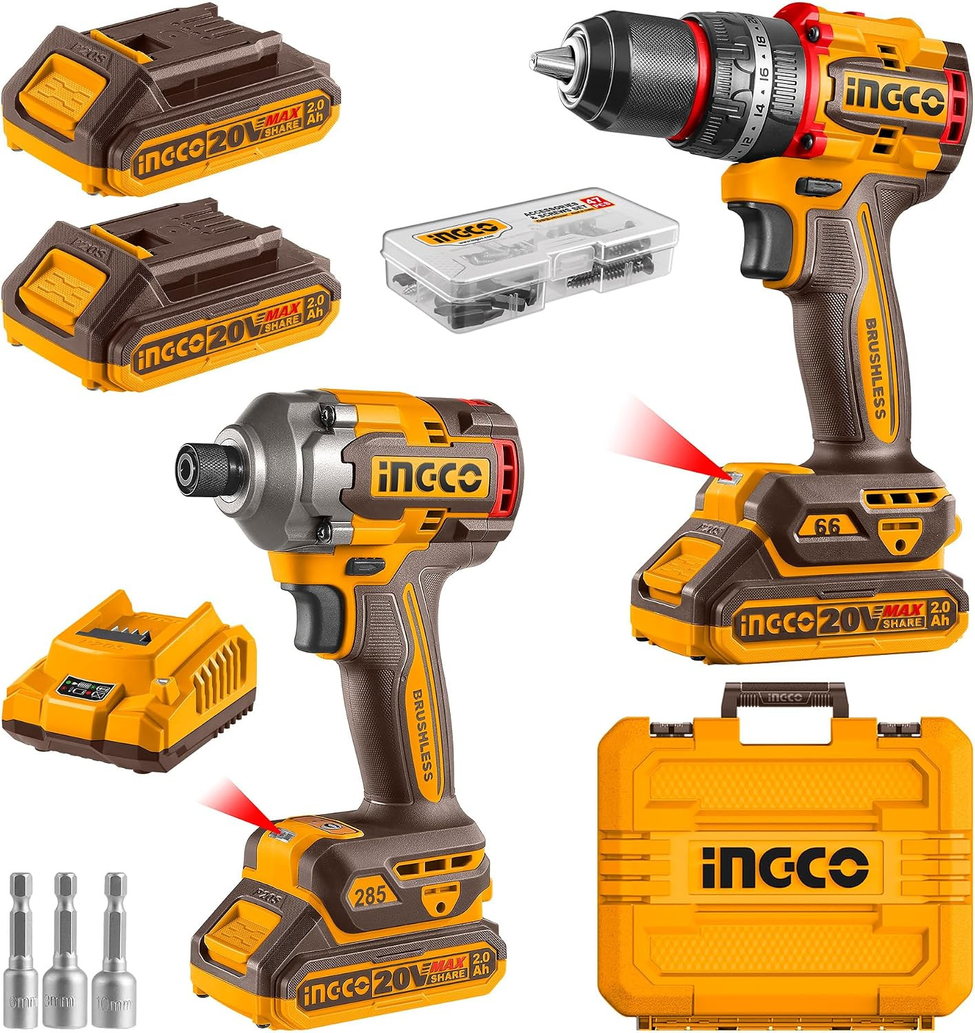 Impact Driver 285NM and Impact Drill 66NM Twin Pack, 20V Brushless Motor, with 2