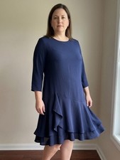 Maison Tara Navy Crepe Cascade Ruffle Hem Dress 3/4 Sleeve Plus Size 16W