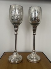 Pair of Tall  Glass with  Chrome Stem  Tea Light Candle Holders