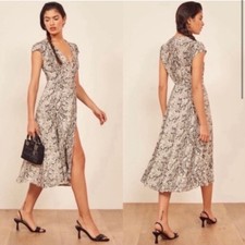 Reformation Carine Dress Snake Skin Print Chiffon Wrap Midi Short Sleeve XS