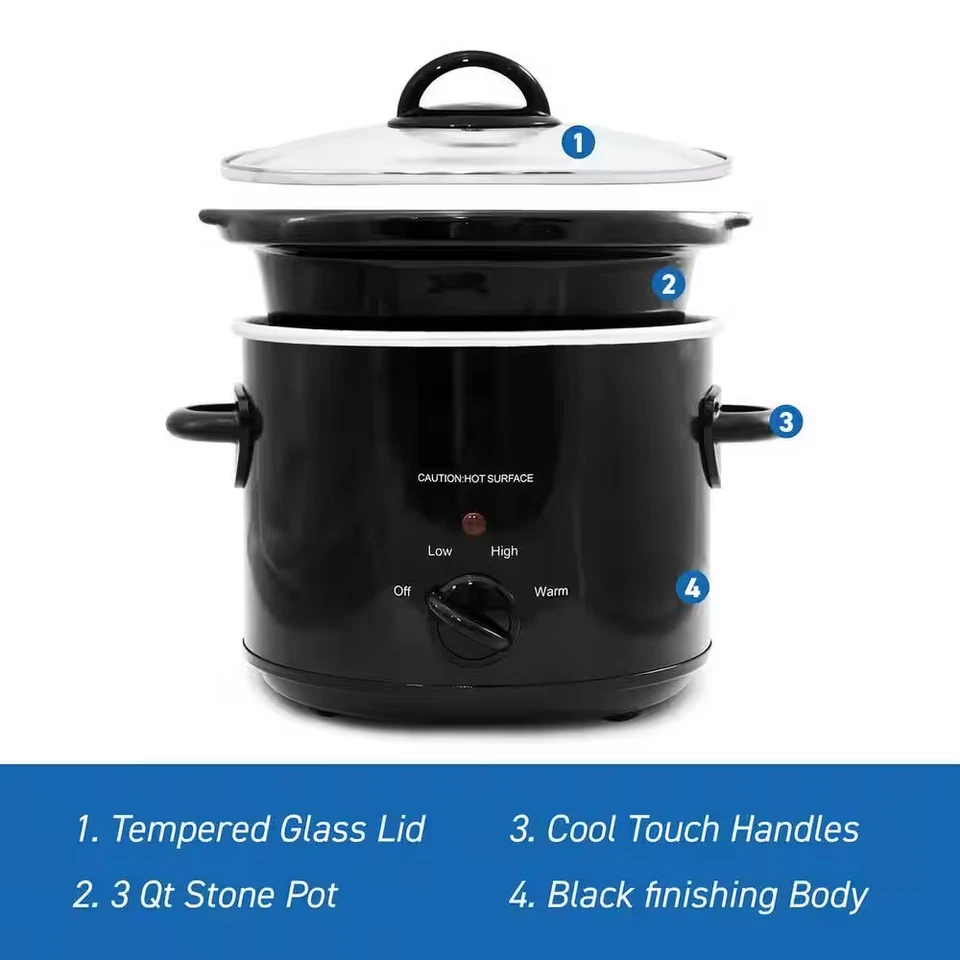 Slow Cooker 3 Qt Black Removable Stoneware Pot Glass Lid Kitchen Appliance - Image 2 of 2