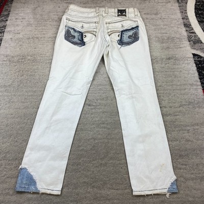 Rock Revival Yeager Jeans White Blue Y2K 34x34 Embroidered Distress Denim Mens