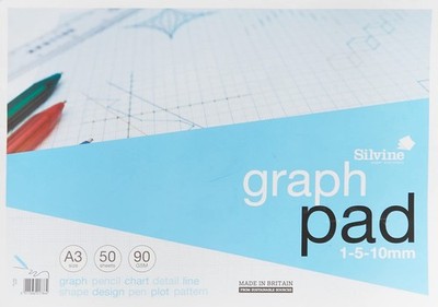 Silvine A3 Graph Pad. 50 Blatt Qualitätspapier 90 g/m², bedruckt 1-5-10 mm - 4x