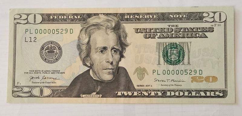 $20 Dollar Bill Low Serial Number 2017A Series PL00000529 D Circulated Condition