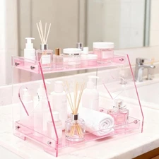 2 Tier Pink Heart Bathroom Countertop Organizer Display Shelf, Acrylic Tray M...