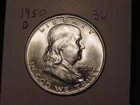 1950-D FRANKLIN HALF BU NICE LUSTER, WHITE POPULAR BETTER DATE