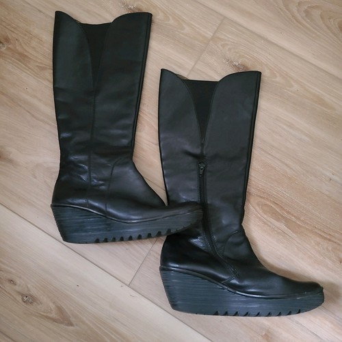 Fly London Yind Tall Boots Womens US 9 EU 40 Black Leather Wedge Zip Elastic - Picture 2 of 12