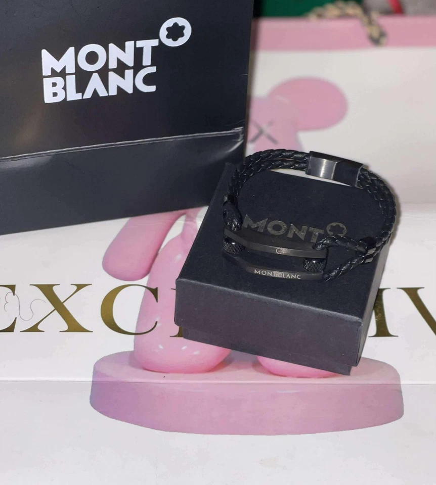 Pulseira Montblanc de couro tecido aço inoxidável preta - Imagem 3 de 4
