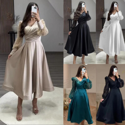 Tea Length Evening Dress Long Sleeves Wedding Formal Satin Sequined Prom Gowns