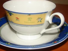 ROBERTA BALDINI PARIS FOOTED CUP & SAUCER 8 oz  BLUE & Yellow Floral Fruit Japan