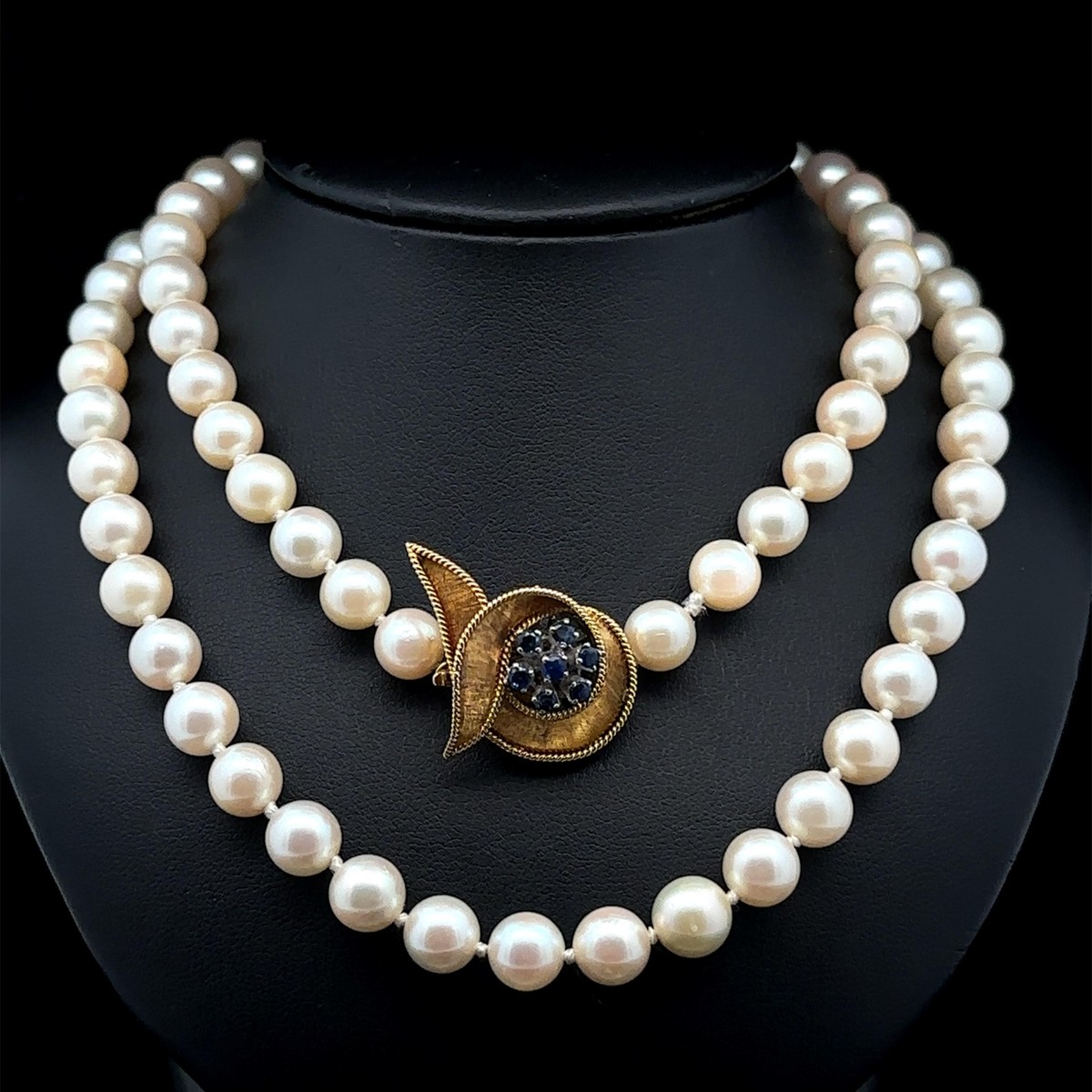 Pearl Strand Necklace w/ 14k Gold Sapphire Twisted Swirl