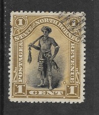 North Borneo QV 1894 1c Brown and Black Dayak Chief Used with Bars Cancellation