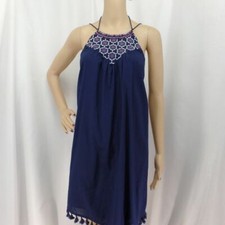 "LOFT" BLUE EMBROIDERED NECKLINE TASSEL TRIM BOHO SWING DRESS SIZE:  S NWT