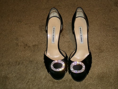 Manolo Blahnik Black Satin Fabric and Rhinestone Open Toe Heels Size 5 1/2 - Picture 3 of 8