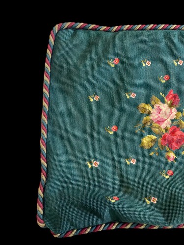 Vintage Needlepoint Pillow Covers Shams Green Floral GORGEOUS Plaid Back 17x20" - Picture 6 of 10