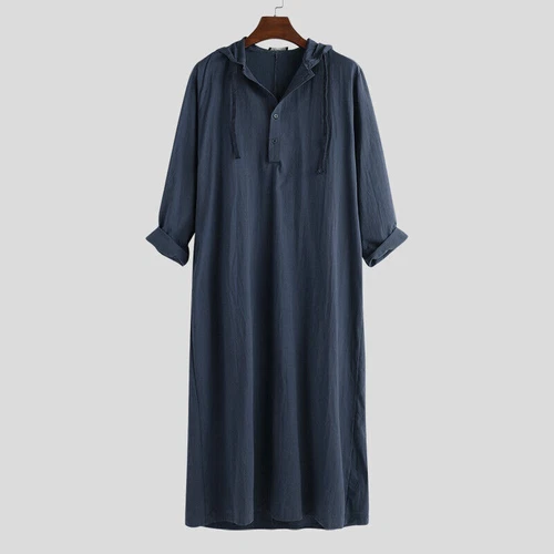 Arabisches lockeres Kleid Herren Langarm Thobe Kaftan Kapuze Robe Muslim Saudi Islamisch - Bild 12 von 22