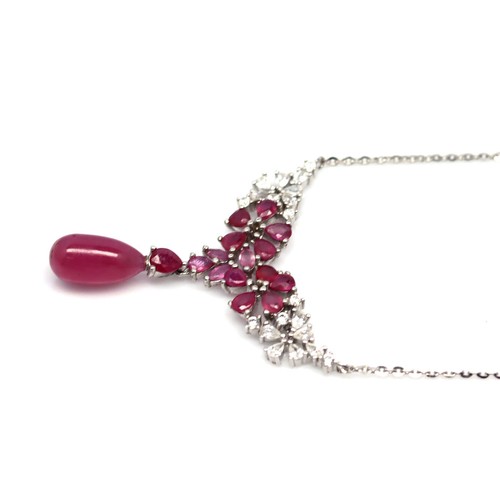 Heated Gemstone Pink Ruby & Cubic zirconia Necklace 19.0" 925 Sterling Silver - Picture 2 of 5