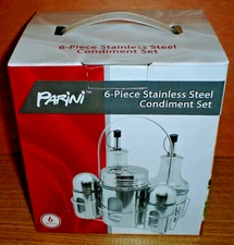 New Parini 6-Piece Stainless Steel Condiment Set Dispensers & Shakers Rack NIB