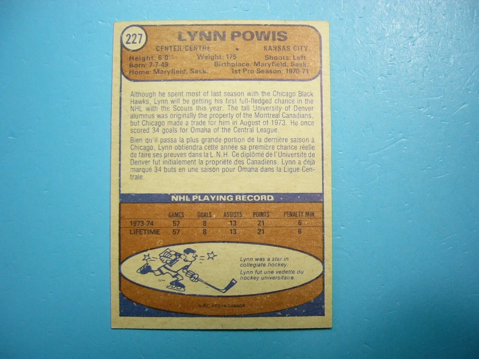 1974/75 O-PEE-CHEE NHL HOCKEY CARD #227 LYNN POWIS ROOKIE EX/NM NM SHARP!! OPC - Image 2 of 2